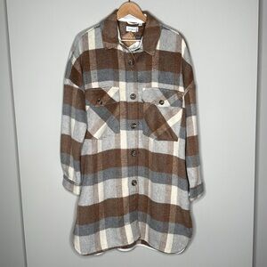 Evereve Raye Long Plaid Shacket Jacket in Camel Size Large NWT